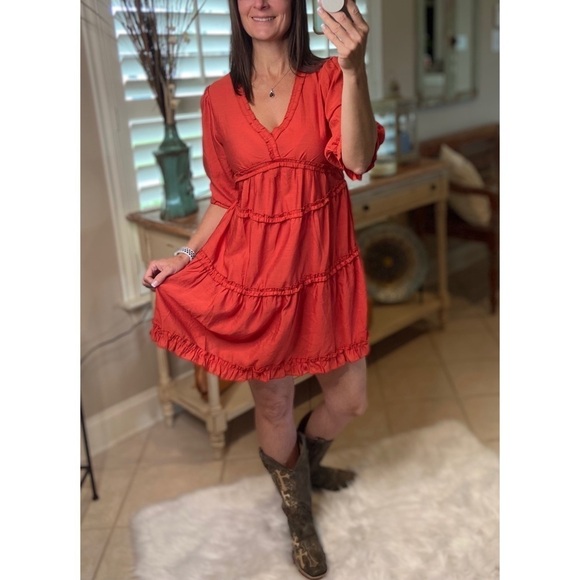 Tiered Ruffle Trim V-Neck Babydoll Rust 1821 - Picture 5 of 9